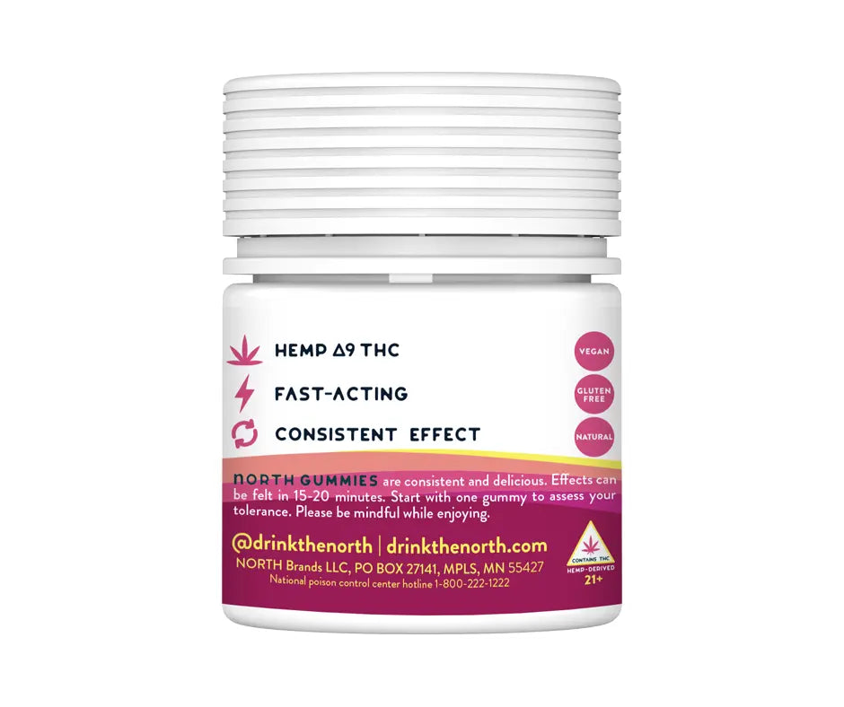 North Berry Lemonade THC gummy spiral top container right side with product info