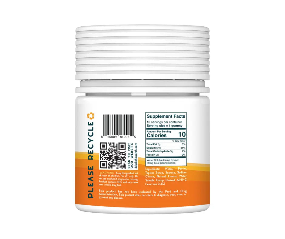 North Mango THC gummy spiral top container side with supplement facts and ingredients